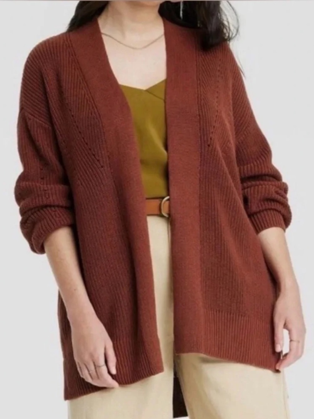 Chunky oversized minimalist rust/brown ribbed cotton knit open front cardigan